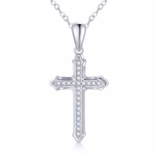10K White Gold Circular Shaped Moissanite Cross Pendant Necklace-3