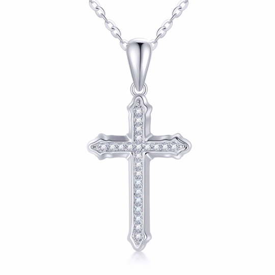 10K White Gold Circular Shaped Moissanite Cross Pendant Necklace