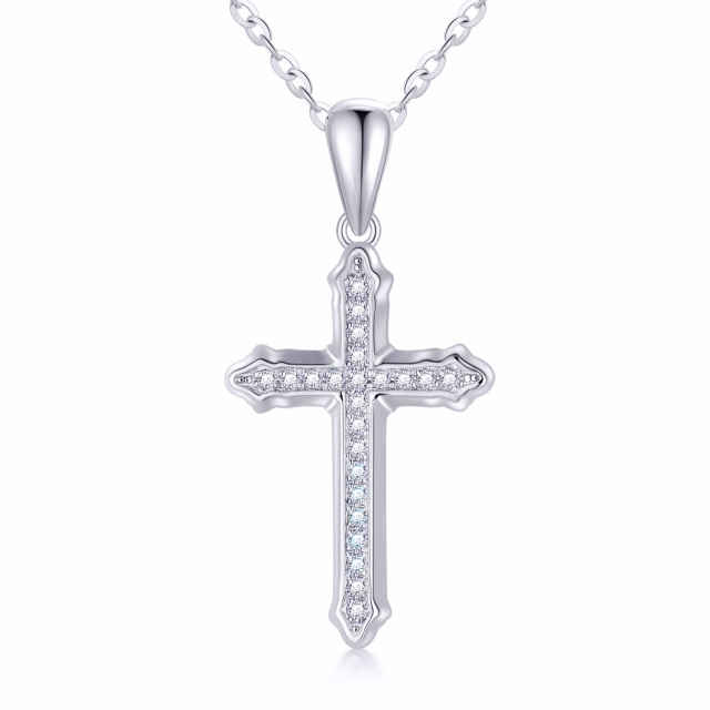 Collier en or blanc 14K avec pendentif croix en Moissanite de forme circulaire-1