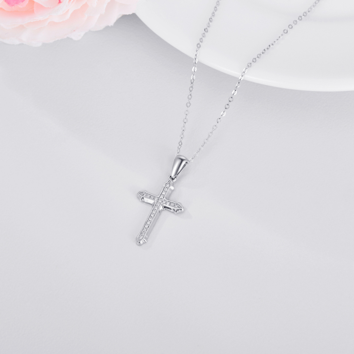 14K White Gold Circular Shaped Moissanite Cross Pendant Necklace-4