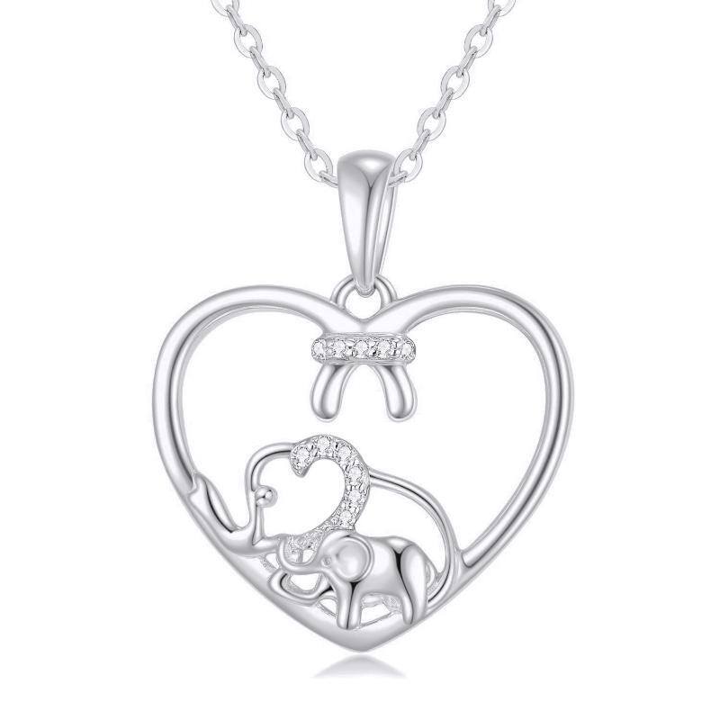 14K White Gold Circular Shaped Moissanite Elephant & Heart Pendant Necklace-1