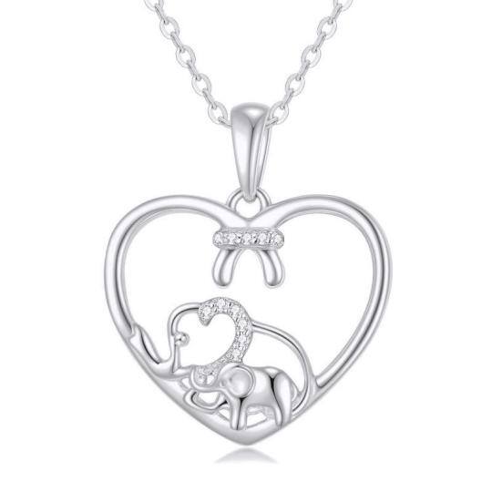 14K White Gold Circular Shaped Moissanite Elephant & Heart Pendant Necklace