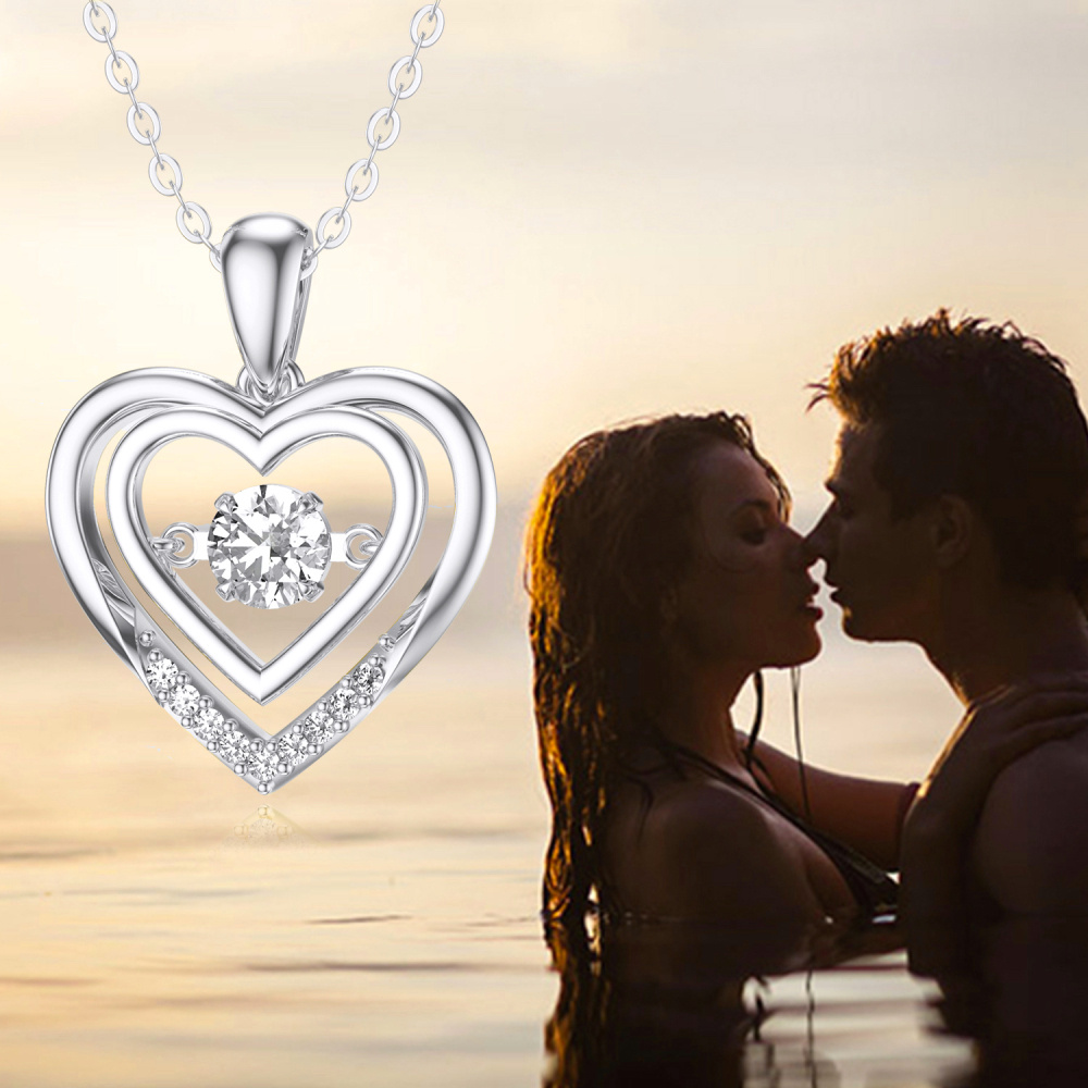 10K White Gold Circular Shaped Moissanite Heart Pendant Necklace-6