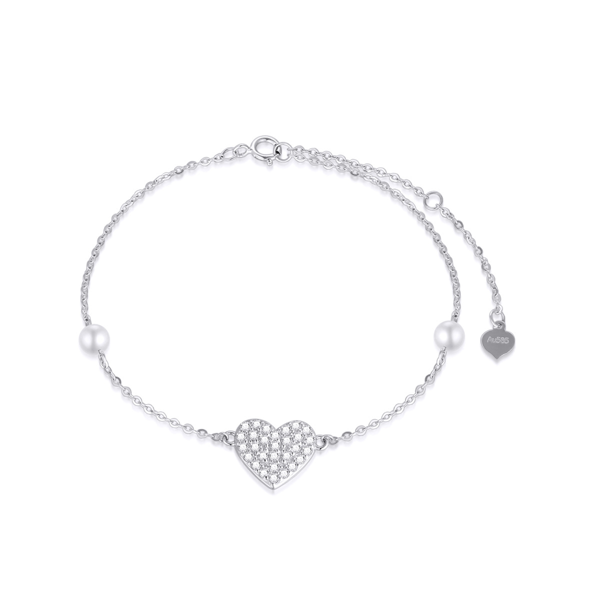 14K White Gold Circular Shaped Pearl Heart Single Layer Anklet-1