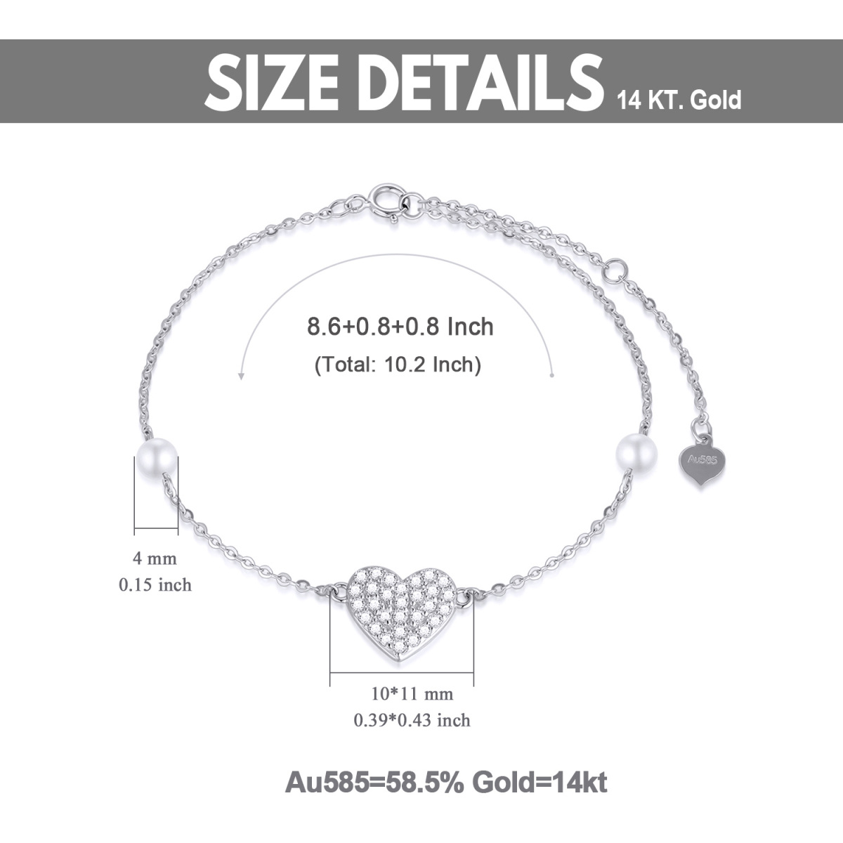 14K White Gold Circular Shaped Pearl Heart Single Layer Anklet-5