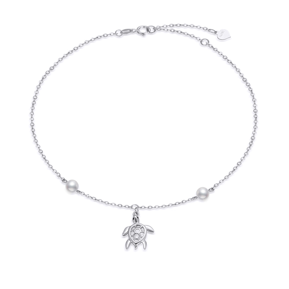 10K White Gold Circular Shaped Pearl Sea Turtle Single Layer Anklet-1