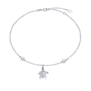 14K White Gold Circular Shaped Pearl Sea Turtle Single Layer Anklet-52