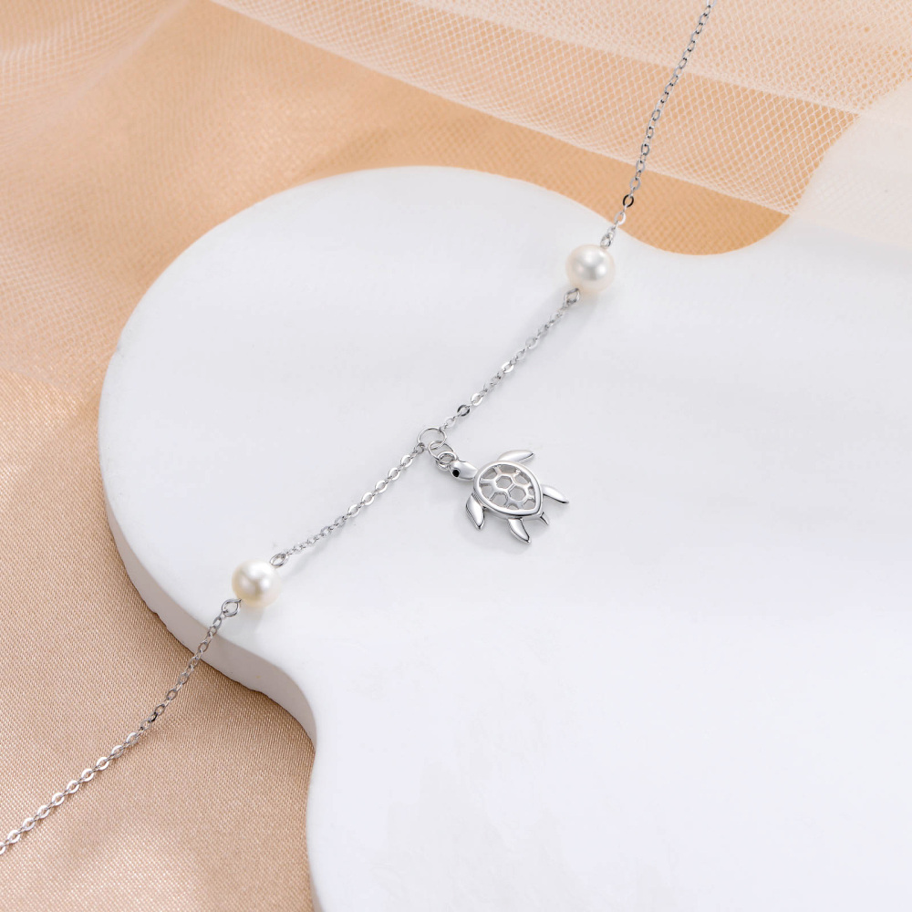 10K White Gold Circular Shaped Pearl Sea Turtle Single Layer Anklet-3