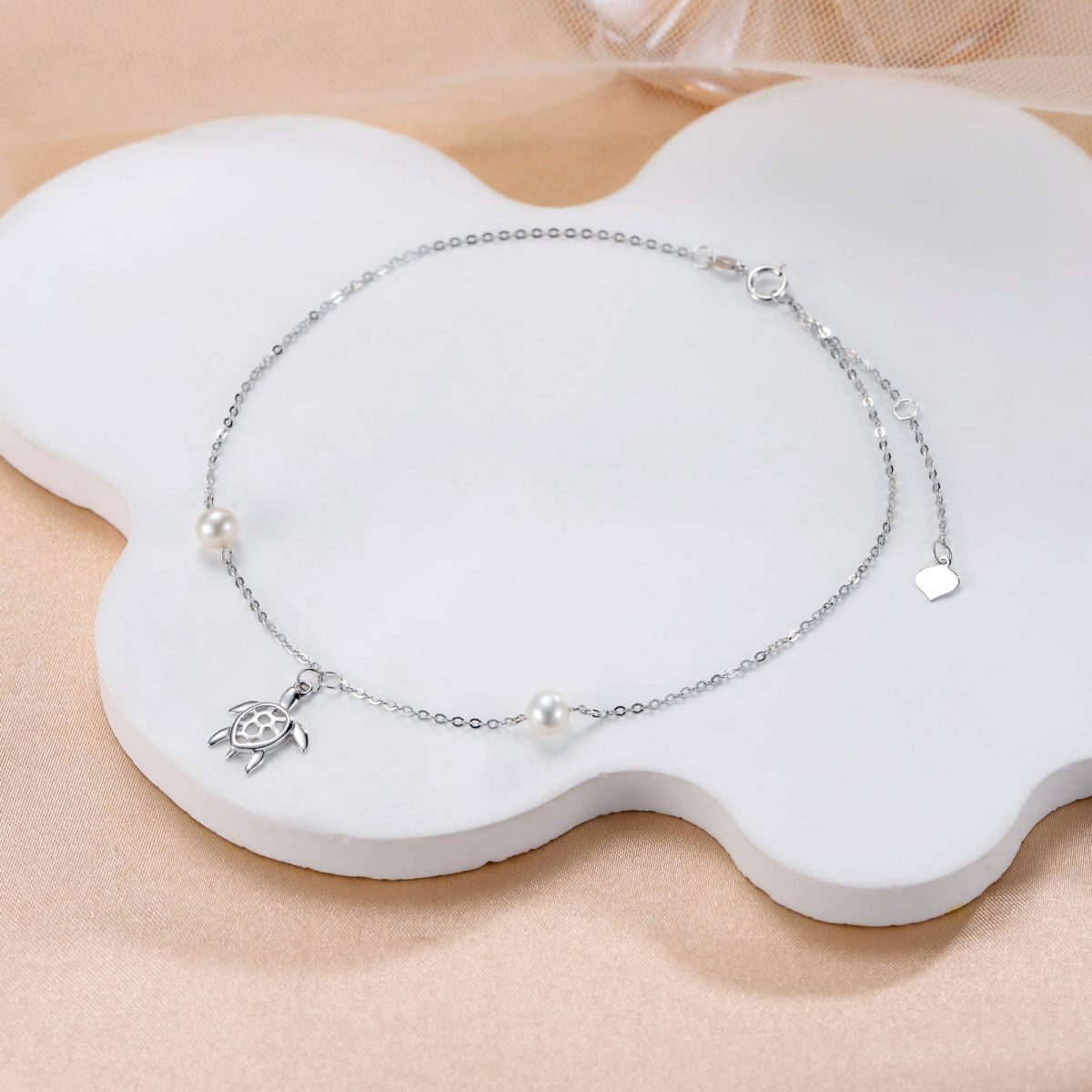 14K White Gold Circular Shaped Pearl Sea Turtle Single Layer Anklet-4