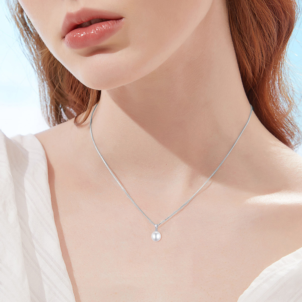 10K White Gold Circular Shaped Pearl Spherical Pendant Necklace-2
