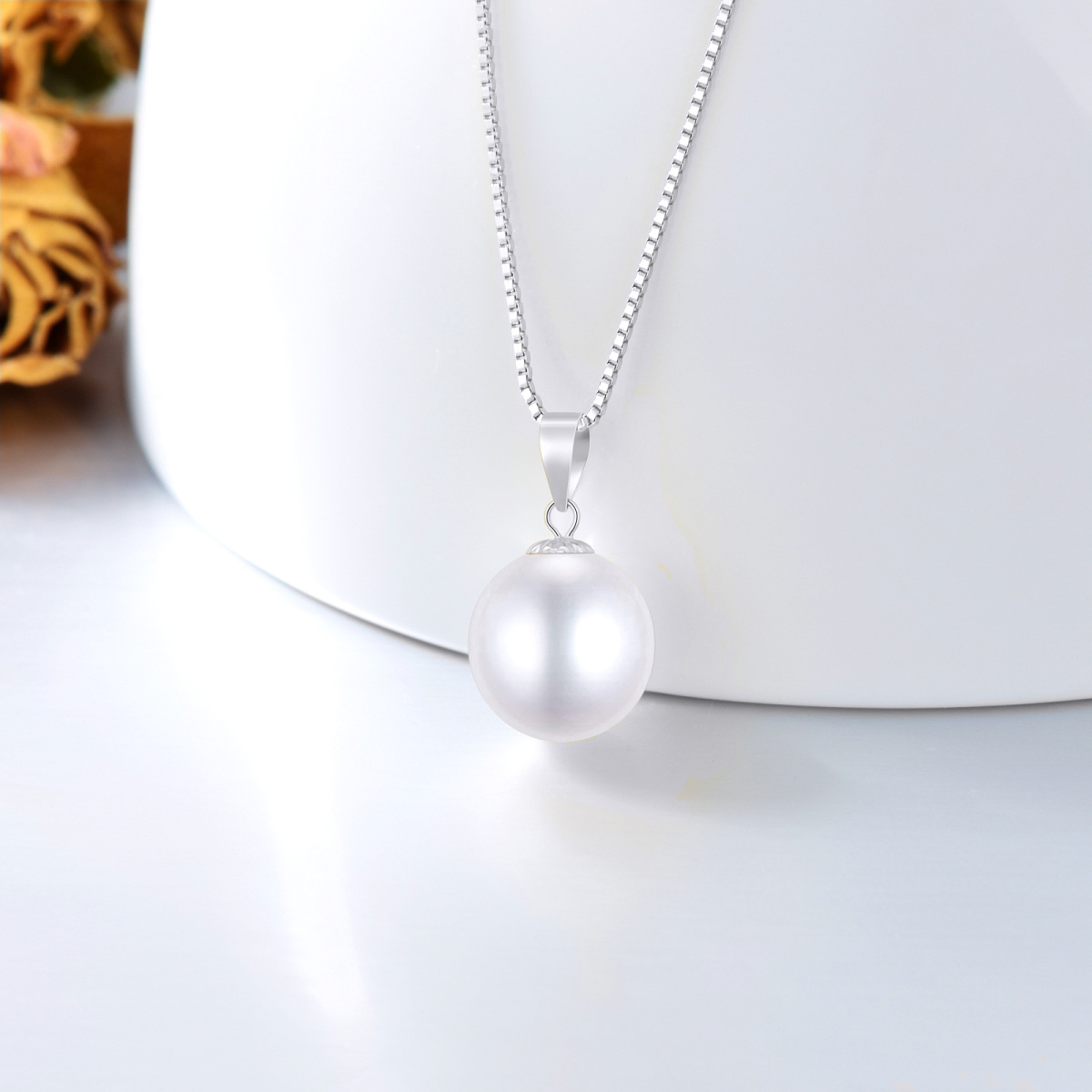 14K White Gold Circular Shaped Pearl Spherical Pendant Necklace-3