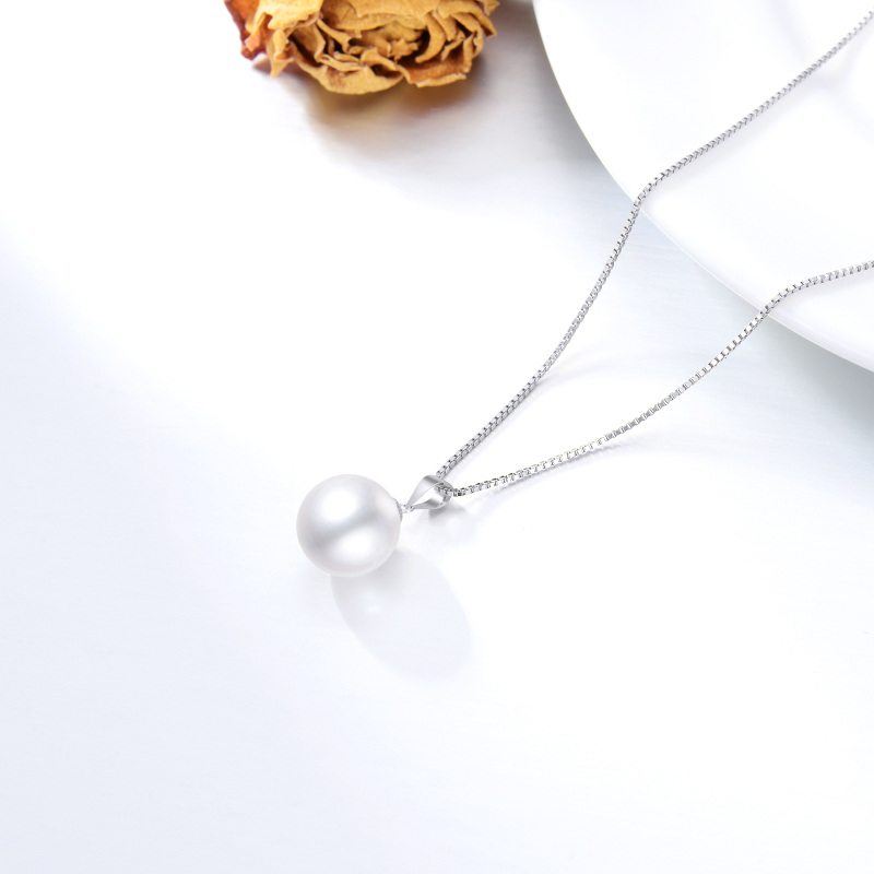 10K White Gold Circular Shaped Pearl Spherical Pendant Necklace-4