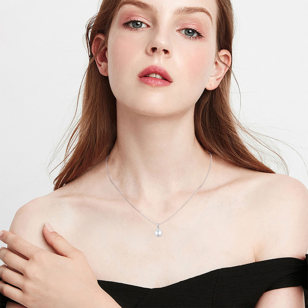 10K White Gold Circular Shaped Pearl Spherical Pendant Necklace-5