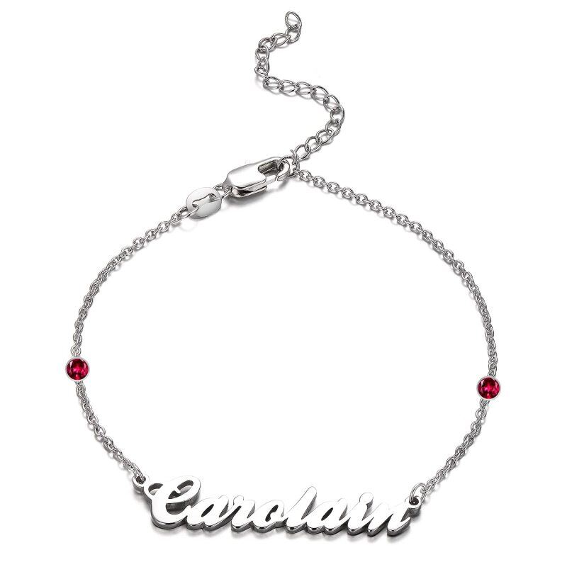 Bracelet à pendentif avec nom classique personnalisé en or blanc 14 carats avec zircone cubique de forme circulaire-1