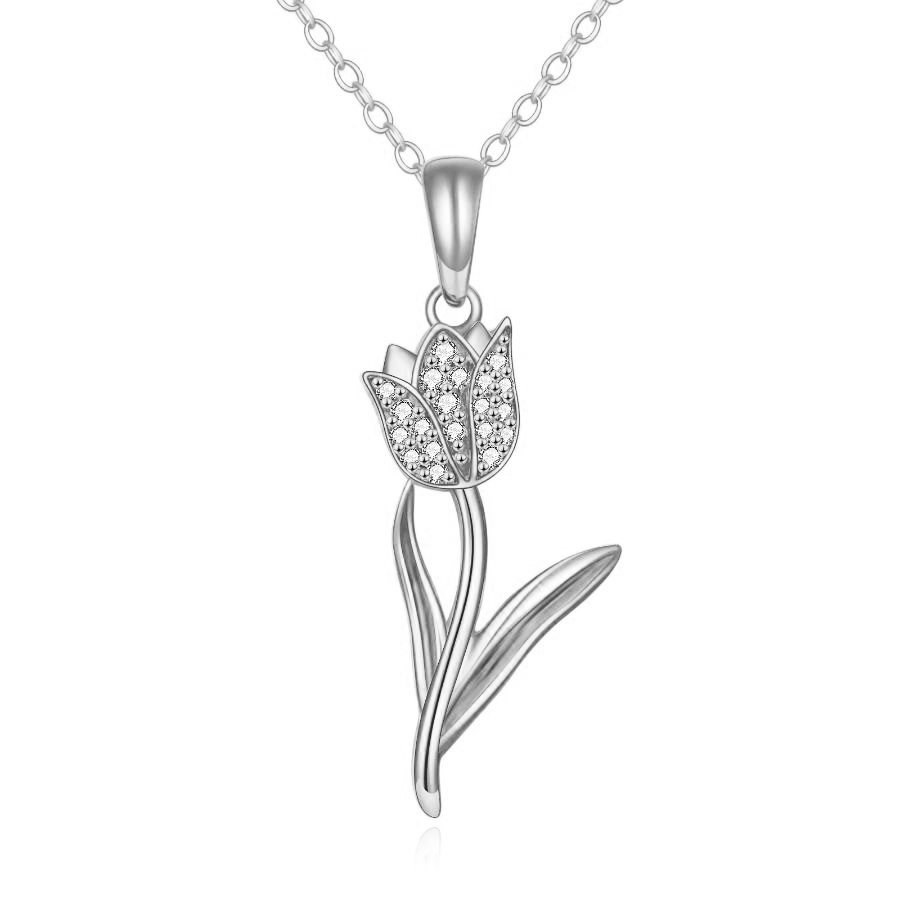 Collier avec pendentif tulipe en or blanc 14 carats et oxyde de zirconium de forme circulaire-1