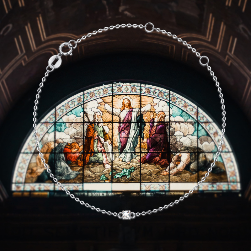 10K White Gold Circular Cubic Zirconia Thin Cable Chain Bracelet-6