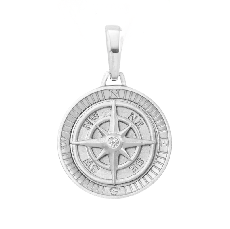 14K White Gold Cubic Zirconia Compass Pendant Charms-1