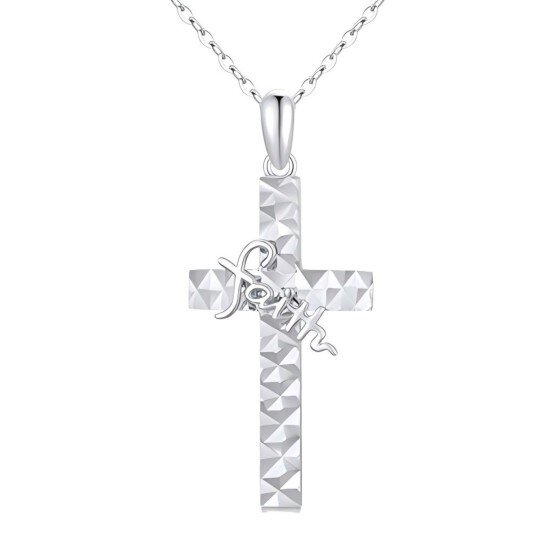 10K White Gold Cross Pendant Necklace with Engraved Word