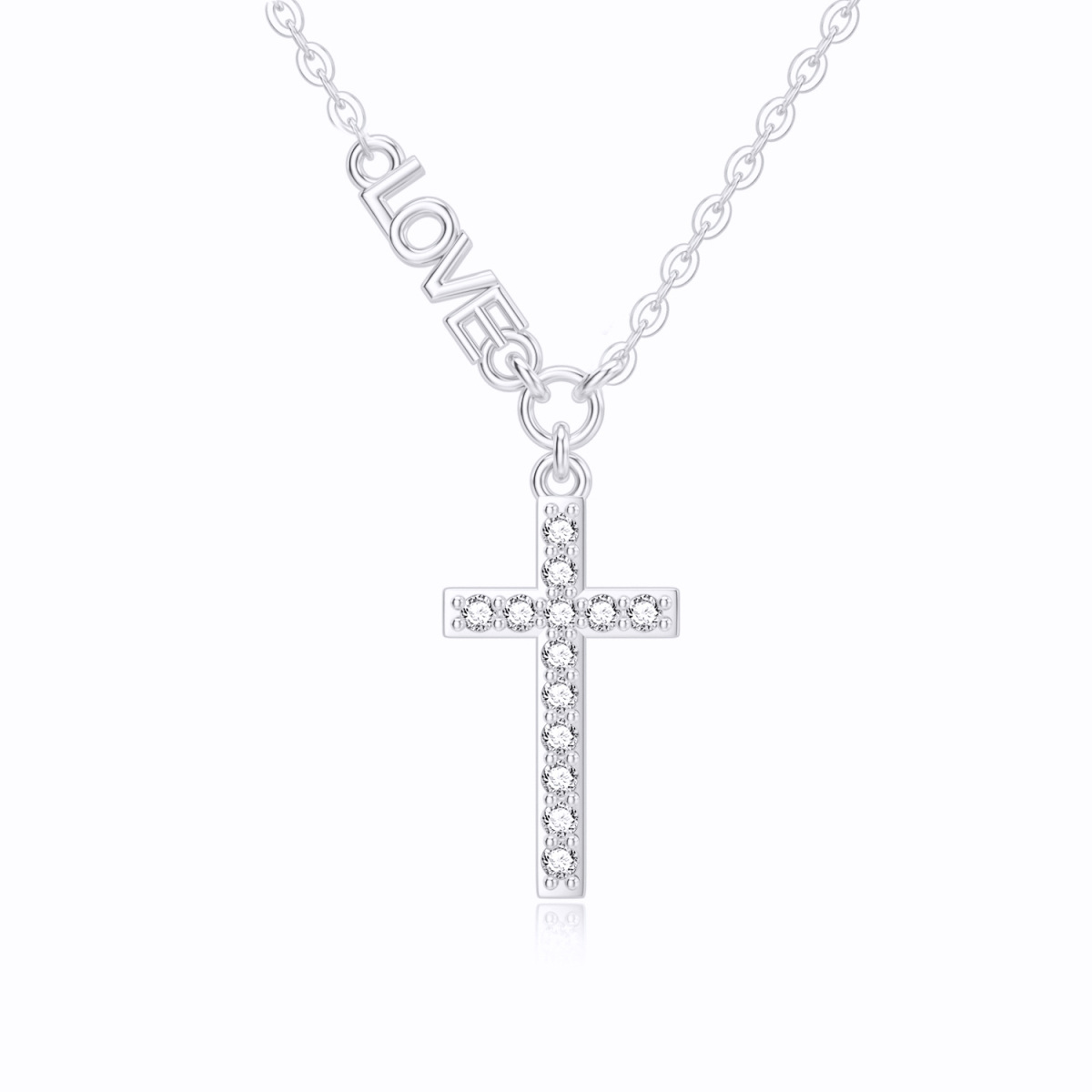 14K White Gold Cubic Zirconia Cross Pendant Necklace with Engraved Word-1