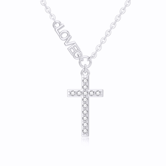 Collier en or blanc 14K avec pendentif croix en zircon cubique et mot gravé-1