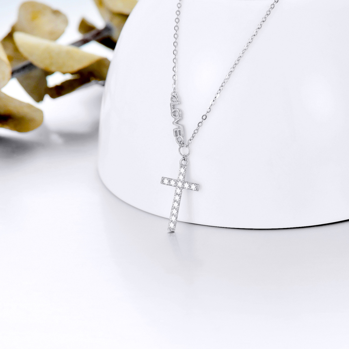 14K White Gold Cubic Zirconia Cross Pendant Necklace with Engraved Word-3