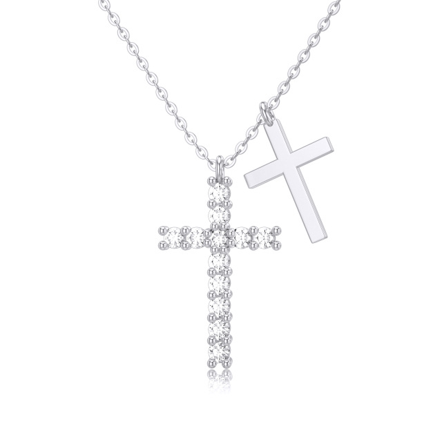 Collana con ciondolo a croce in oro bianco 14K con zirconia cubica-1