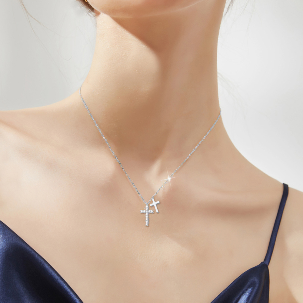10K White Gold Cubic Zirconia Cross Pendant Necklace-2