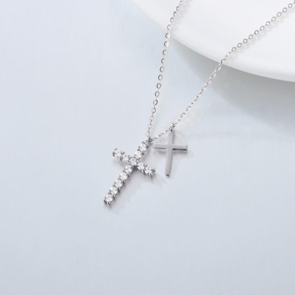 10K White Gold Cubic Zirconia Cross Pendant Necklace-3