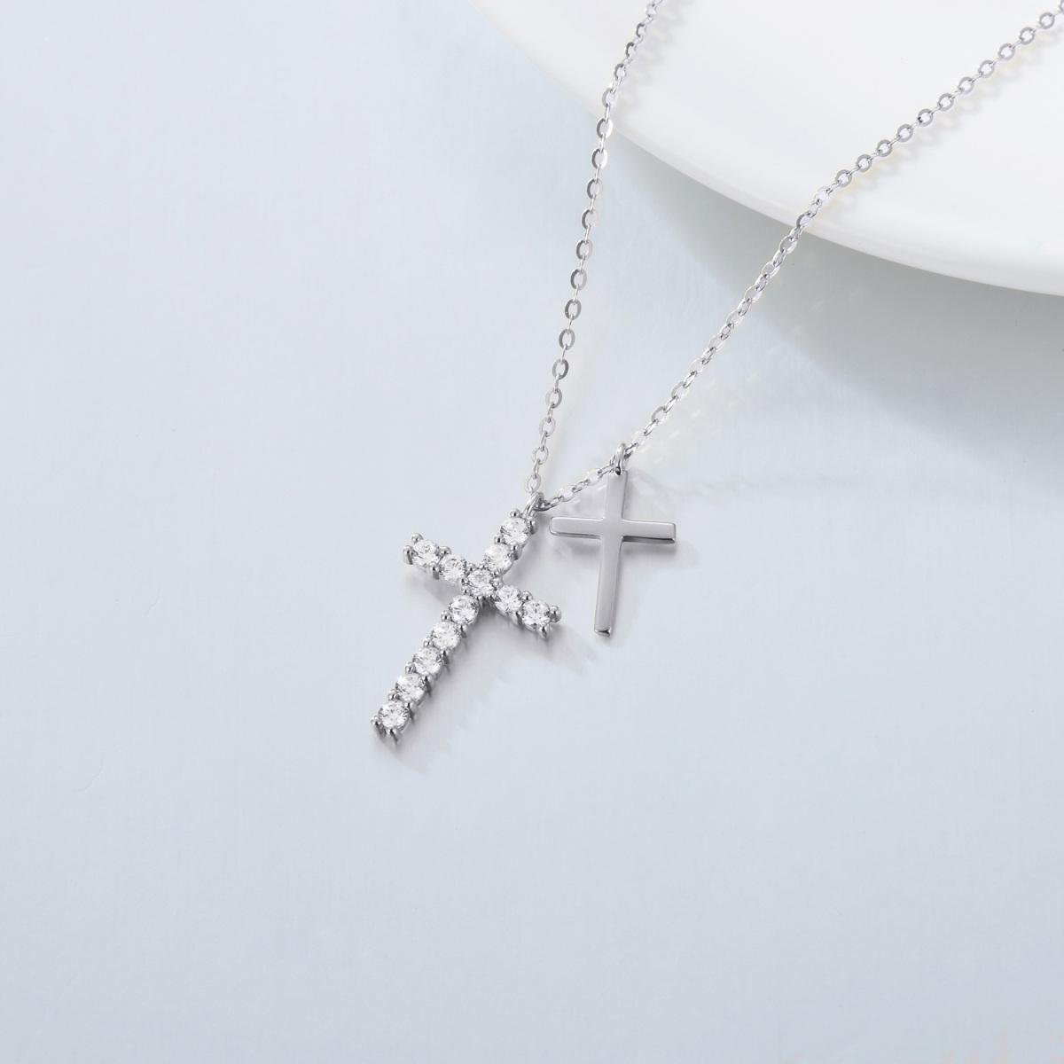 14K Weißgold Cubic Zirkonia Kreuz Anhänger Halskette-3