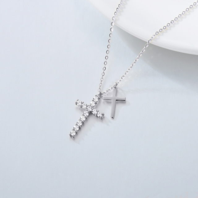 14K White Gold Cubic Zirconia Cross Pendant Necklace-3