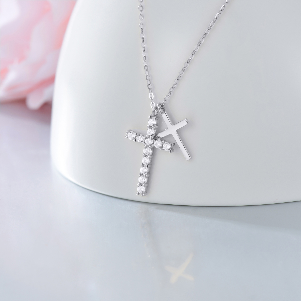 14K Weißgold Cubic Zirkonia Kreuz Anhänger Halskette-4