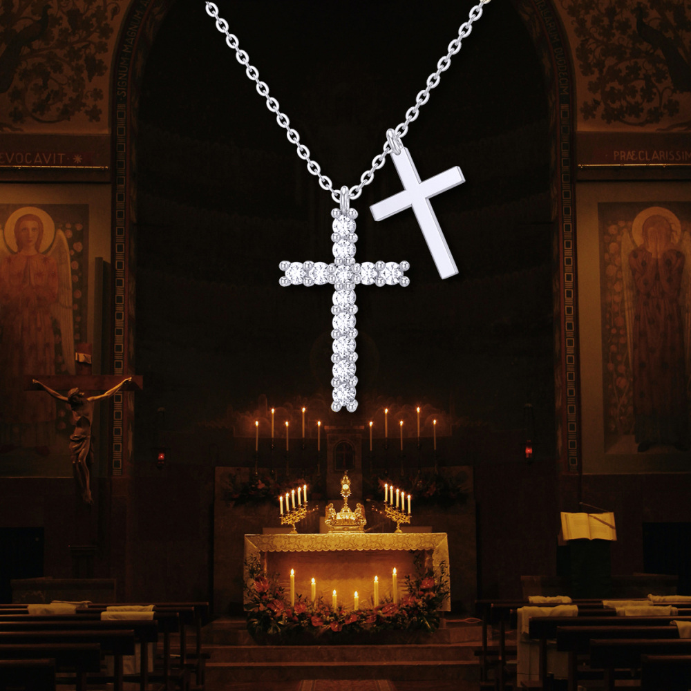 10K White Gold Cubic Zirconia Cross Pendant Necklace-5