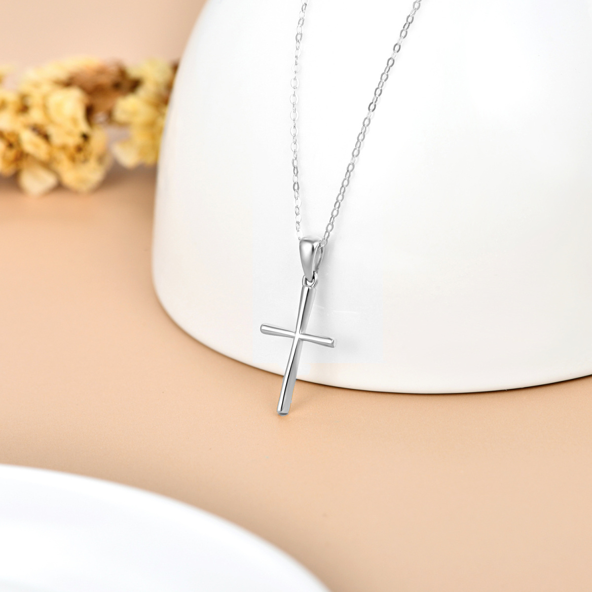 14K Weißgold Kreuz-Anhänger Halskette-3