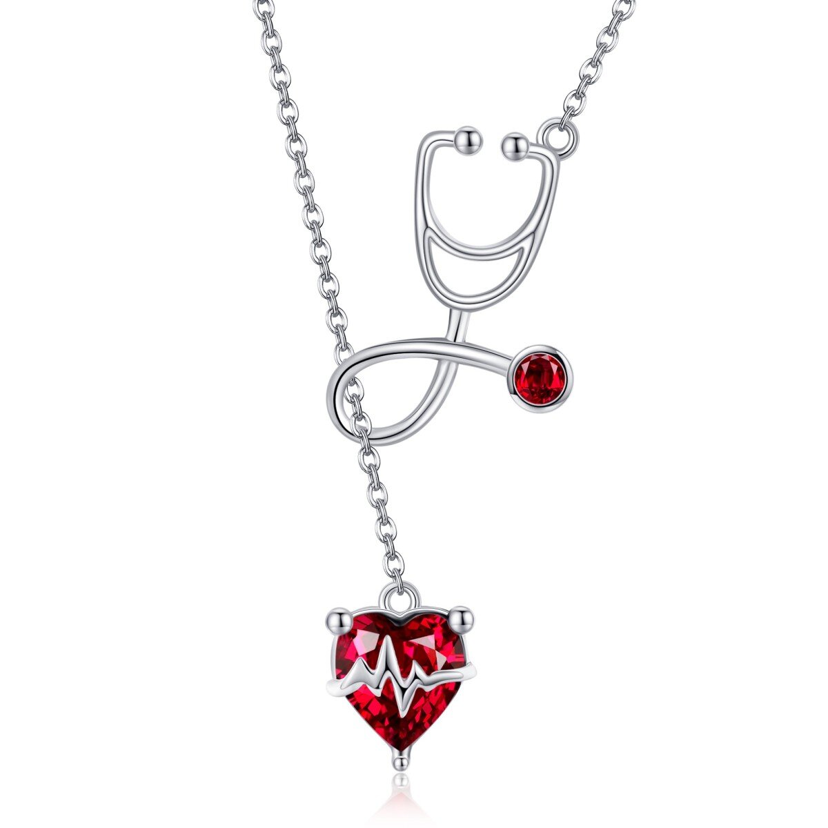 Sterling Silver Crystal & Cubic Zirconia Heart & Stethoscope Adjustable Y Necklace-1