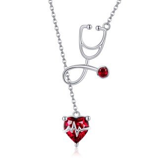 Sterling Silver Crystal & Cubic Zirconia Heart & Stethoscope Adjustable Y Necklace-1