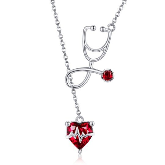 Collar ajustable en forma de Y con forma de estetoscopio en forma de corazón de circonita cúbica y cristal de plata de ley