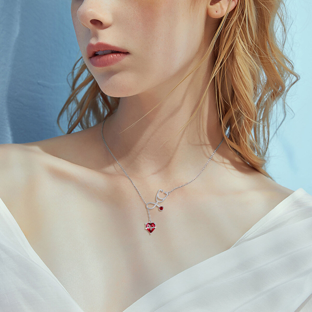 Sterling Silver Crystal & Cubic Zirconia Heart & Stethoscope Adjustable Y Necklace-2