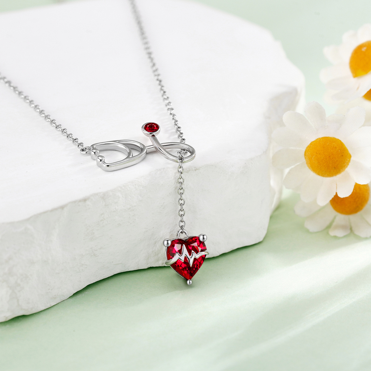 Sterling Silver Crystal & Cubic Zirconia Heart & Stethoscope Adjustable Y Necklace-3