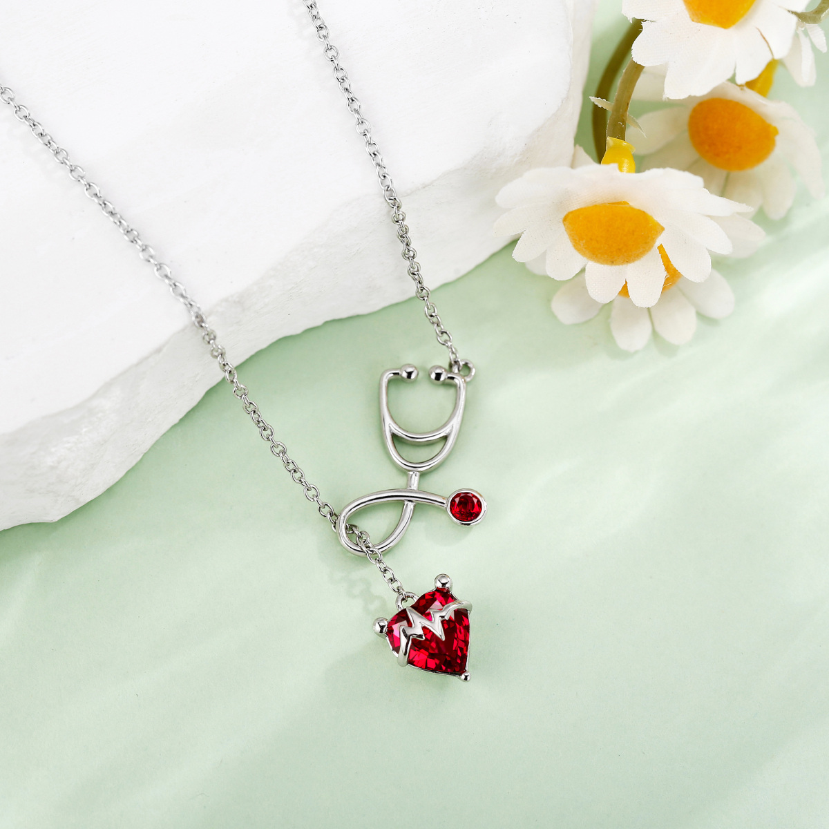 Sterling Silver Crystal & Cubic Zirconia Heart & Stethoscope Adjustable Y Necklace-4