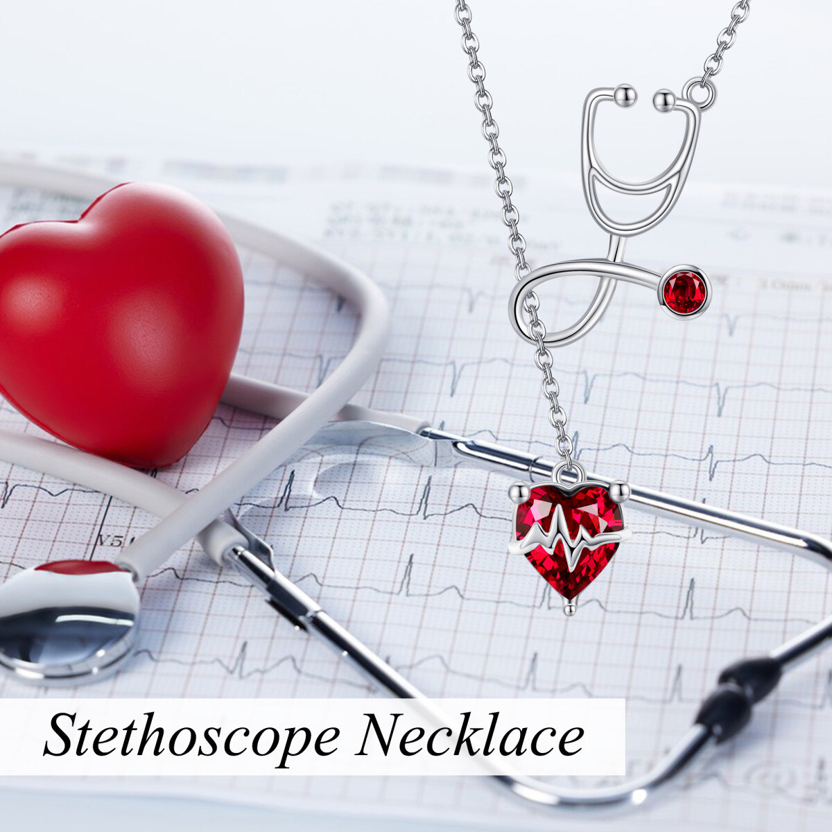 Sterling Silver Crystal & Cubic Zirconia Heart & Stethoscope Adjustable Y Necklace-6