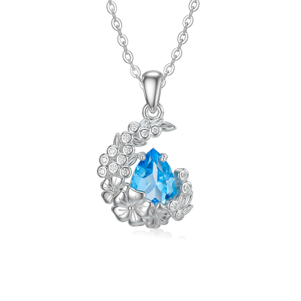 10K White Gold Crystal Moon Pendant Necklace-1