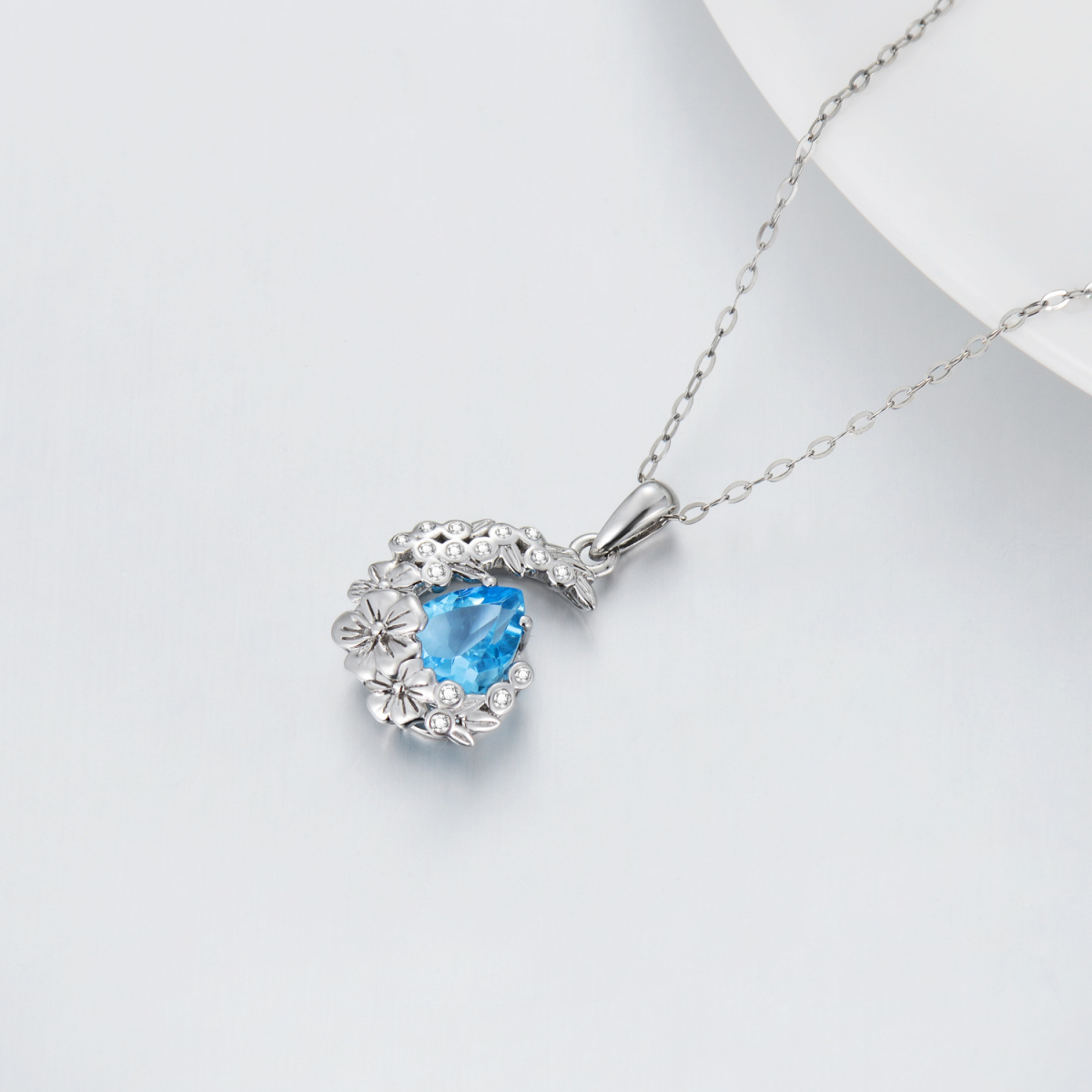 14K White Gold Crystal Moon Pendant Necklace-4