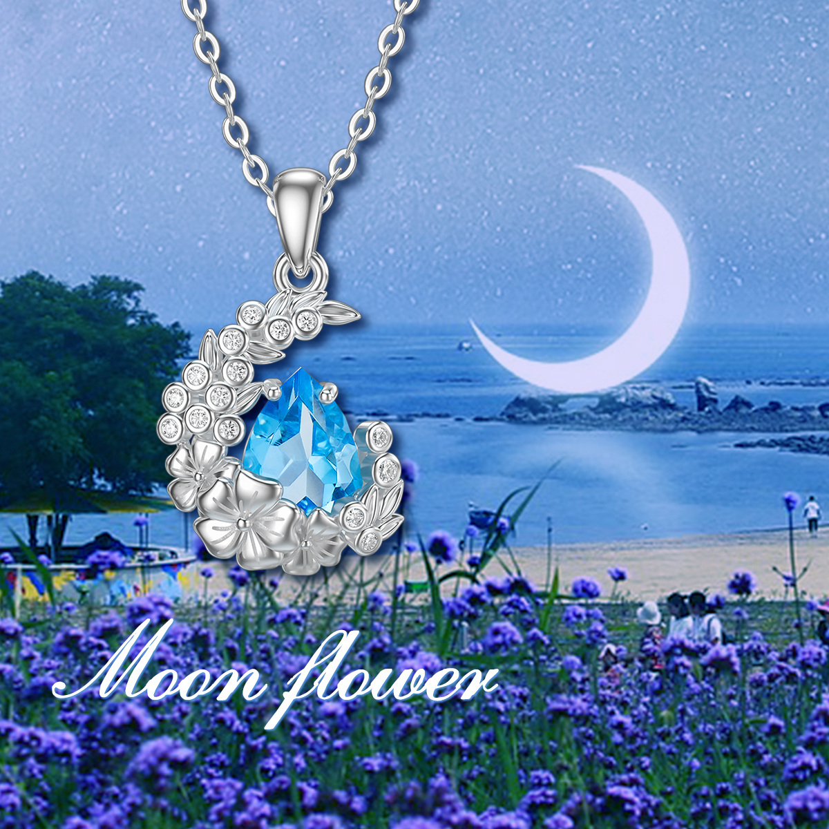 14K White Gold Crystal Moon Pendant Necklace-5