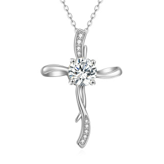 10K White Gold 1 CT Circular Moissanite Cross Pendant Necklace-6