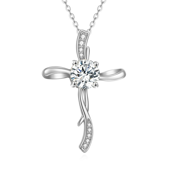 Collier avec pendentif en forme de croix circulaire en or blanc 14 carats et moissanite 1 ct