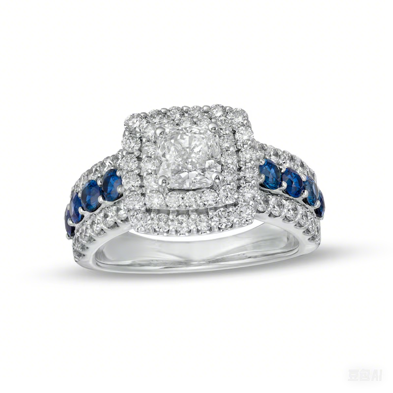 14K White Gold 2 CT Cushion Shaped Lab Created Diamond with Blue Sapphires Engagement Band-1