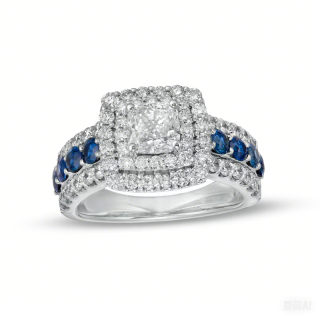 10K White Gold 2 CT Cushion Shaped Lab Created Diamond with Blue Sapphires Engagement Band-4