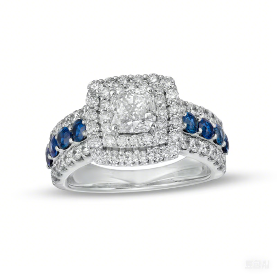 10K White Gold 2 CT Cushion Shaped Lab Created Diamond with Blue Sapphires Engagement Band