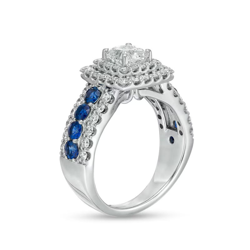 18K White Gold 2 CT Cushion Shaped Lab Created Diamond with Blue Sapphires Engagement Band-3