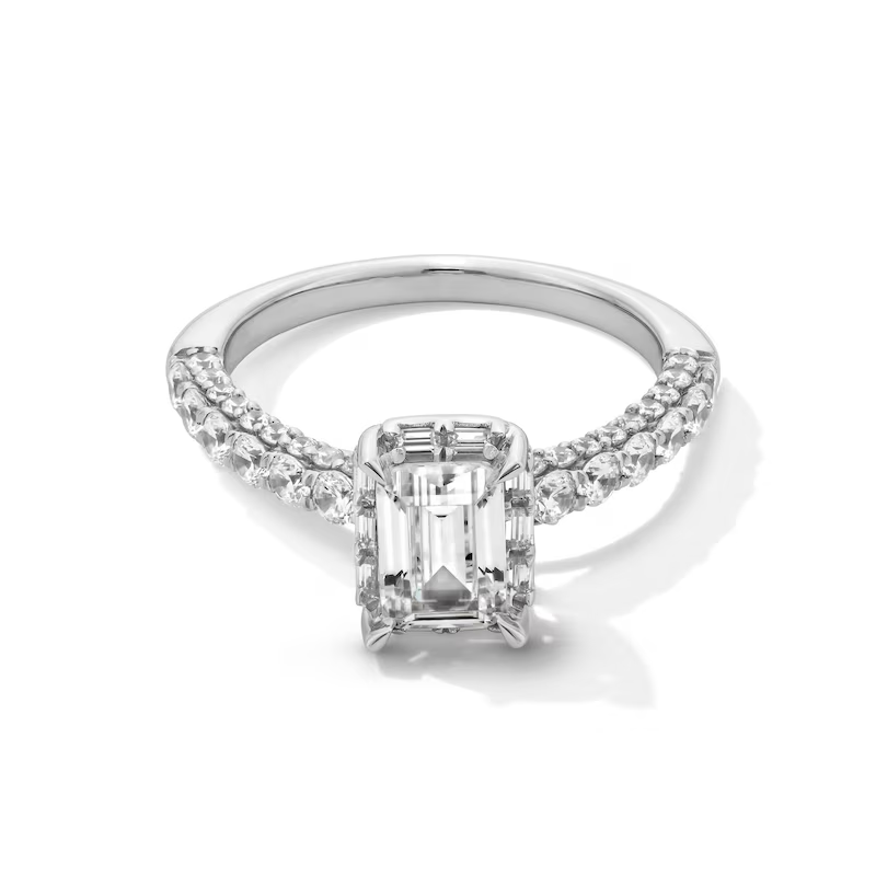 10K White Gold Emerald-Cut Diamond Frame Custom Engraving Engagement Ring D-VVS1 3EX IGI Certified-1
